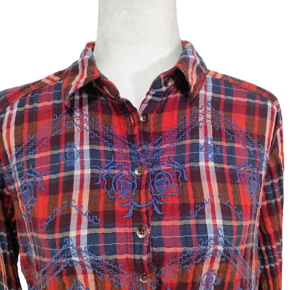 Free People Magical Plaid Button-Up Shirt Embroidered 4th of July‎ Patriotic S